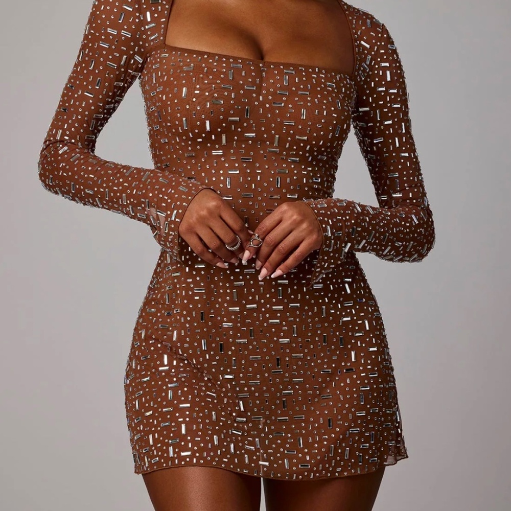 Oh Polly - ZETA Sheer Embellished Long Sleeve A-Line Mini Dress (Mocha)
